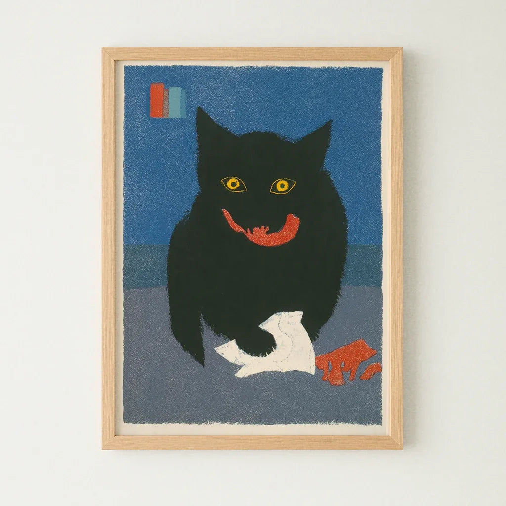 Schwarze Katze Poster mit leuchtend gelben Augen auf blauem Hintergrund