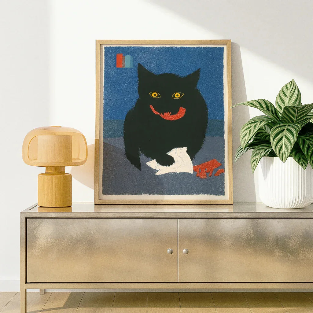 Schwarze Katze Poster von The Secret Gallery, lebhaft und künstlerisch in einem modernen Wohnzimmer dekoriert