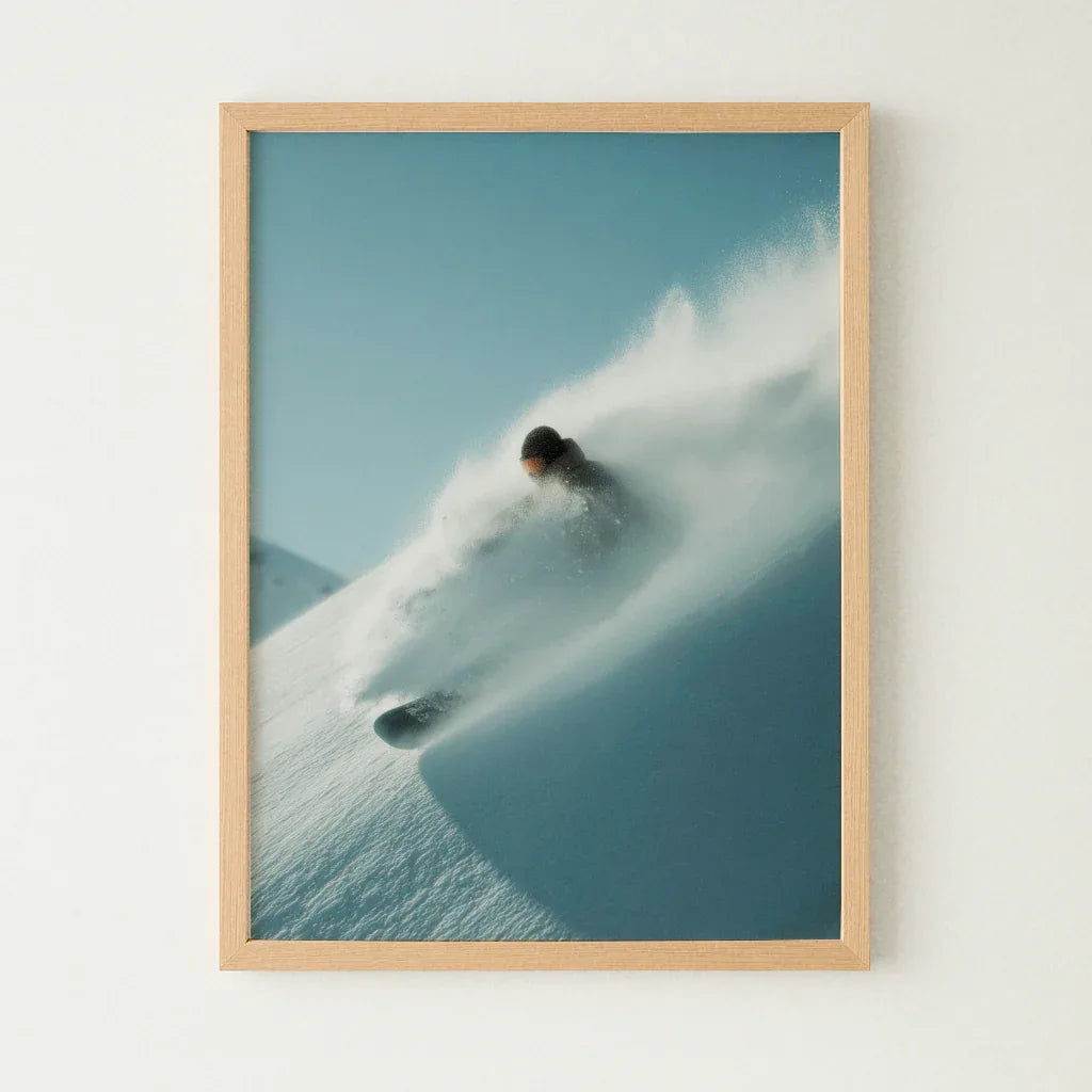 Snowboard Poster mit einem Snowboardfahrer, der durch frischen Pulverschnee gleitet