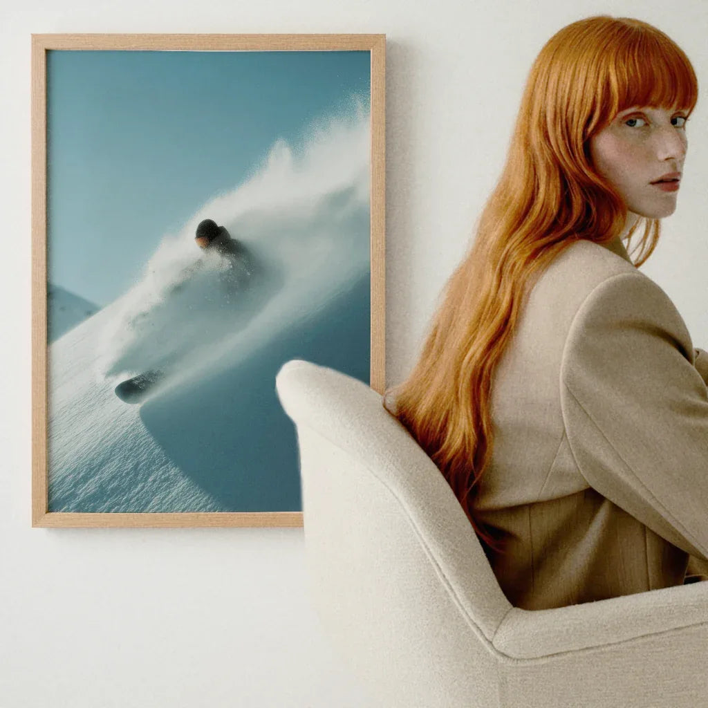 Snowboard Poster mit einem Snowboarder, der durch frischen Pulverschnee fährt, gerahmt in einem modernen Holzrahmen