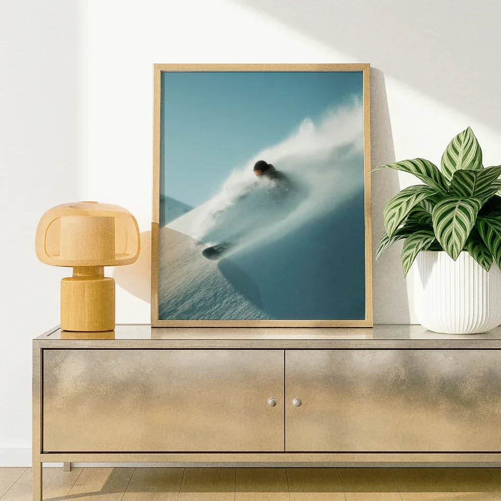 Snowboard Poster mit einem Snowboarder, der durch frischen Schnee gleitet, in stilvollem Rahmen