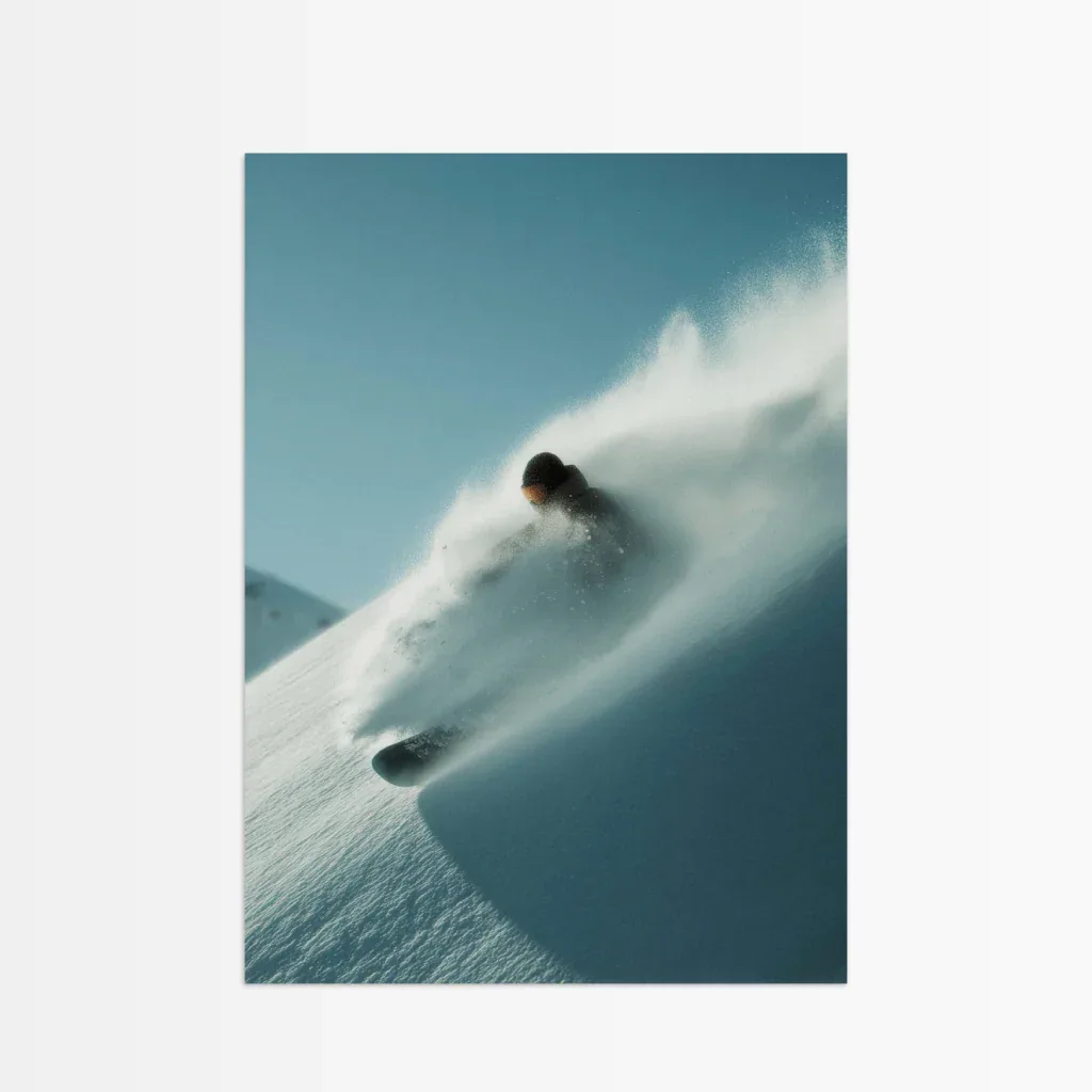 Snowboard Poster mit einem Snowboarder, der durch frischen Pulverschnee fährt