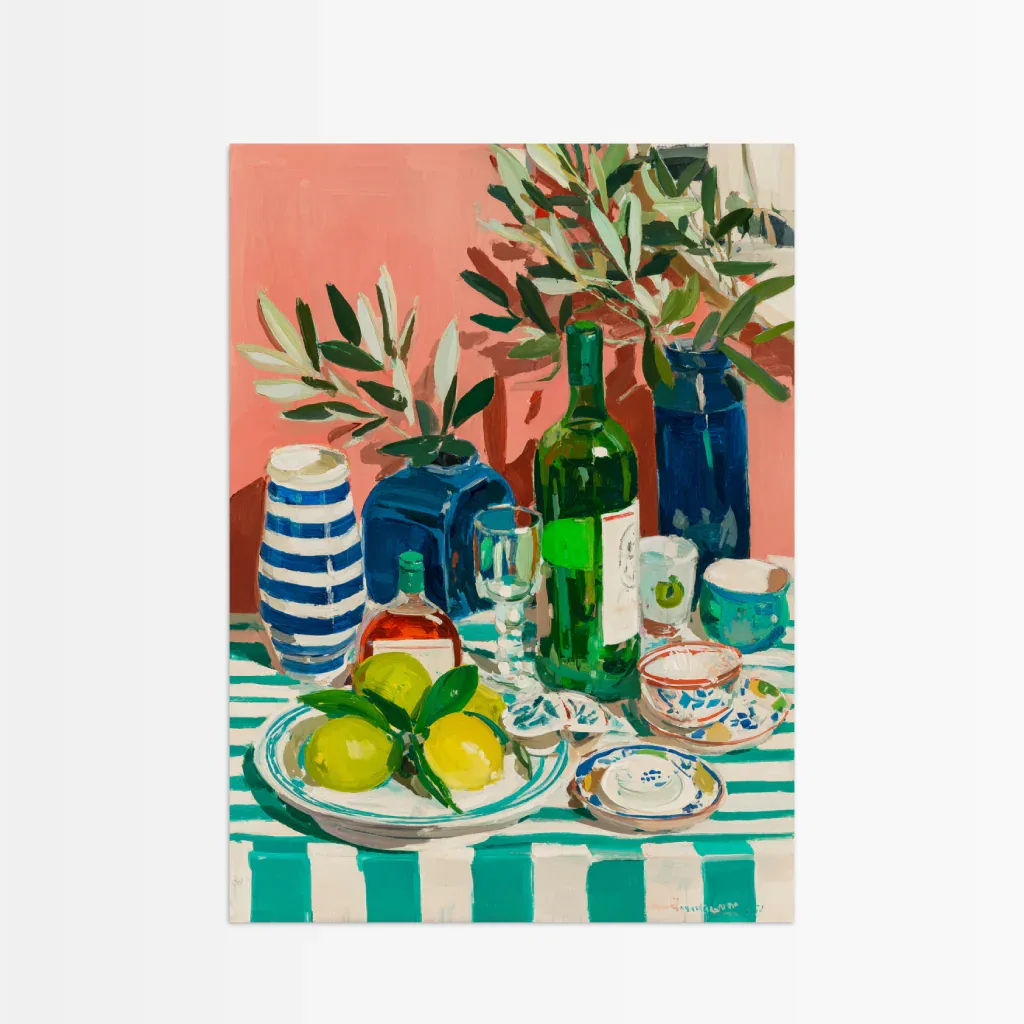 Stillleben Poster Küche mit einer stilvollen Tischdekoration aus Flaschen und Früchten