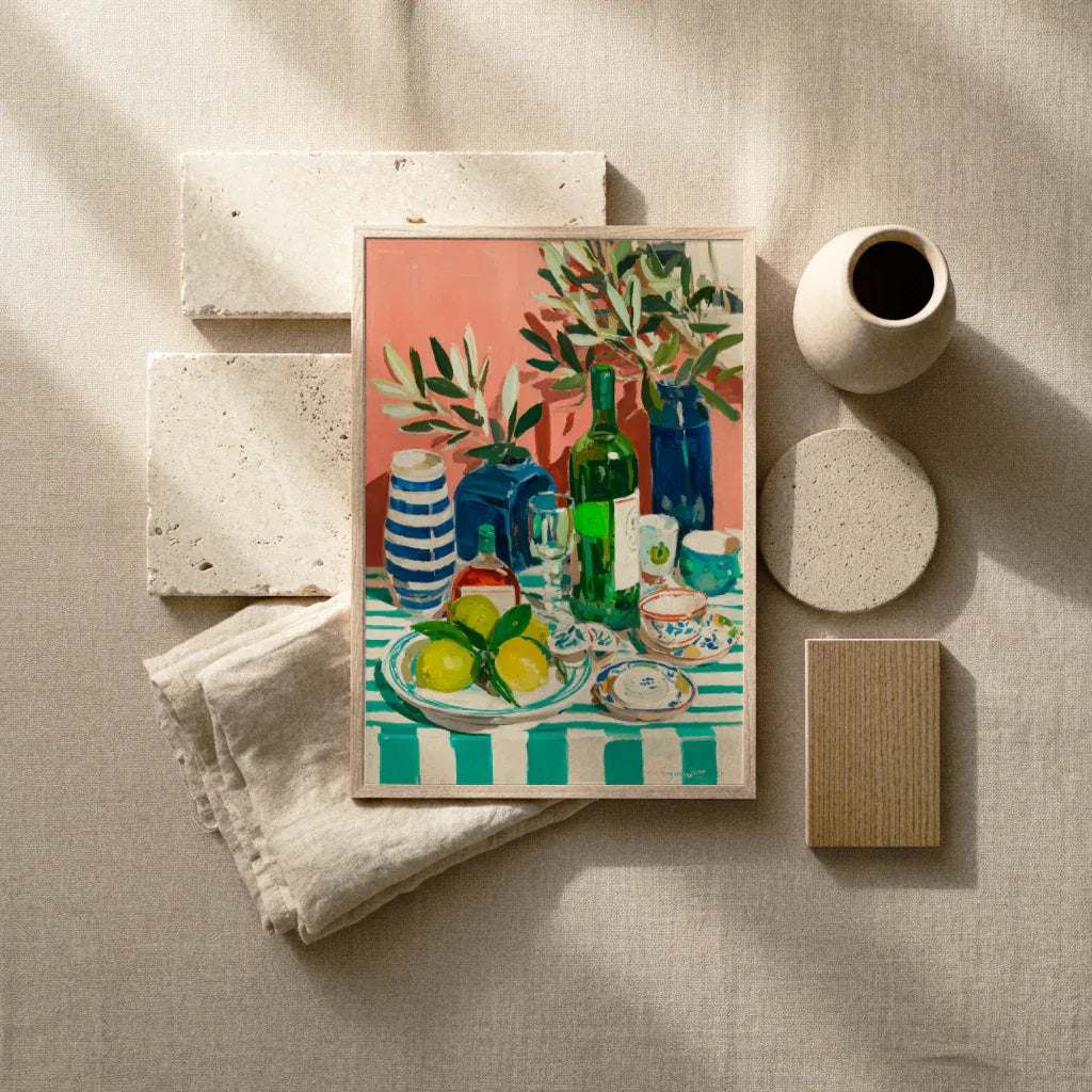 Stillleben Poster Küche mit bunten Gläsern, Zitronen und dekorativen Elementen auf einem Tisch