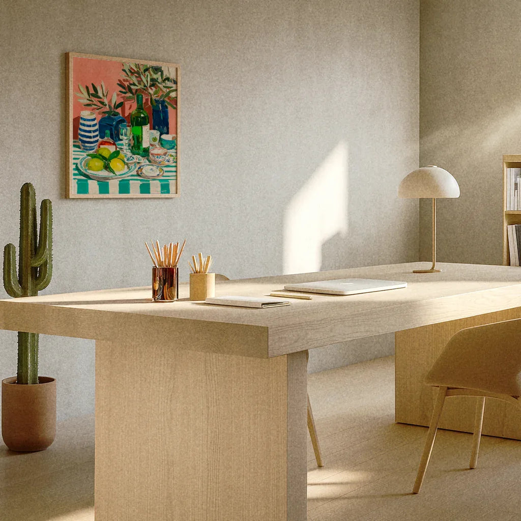 Stillleben Poster Küche mit bunten Flaschen und Früchten an einer hellen Wand im modernen Raum