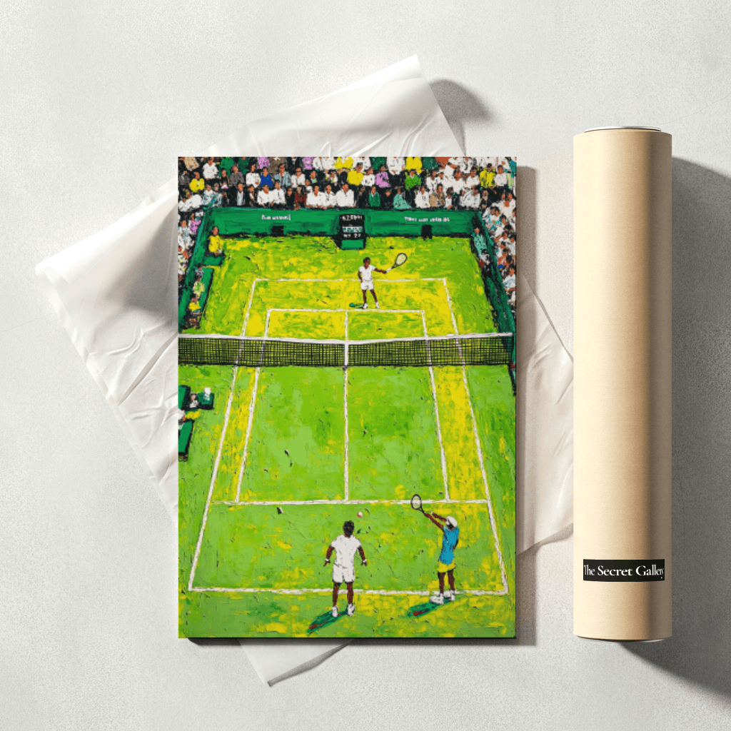 Tennis Poster Kunst von The Secret Gallery mit lebendigem Spiel auf dem Tennisplatz