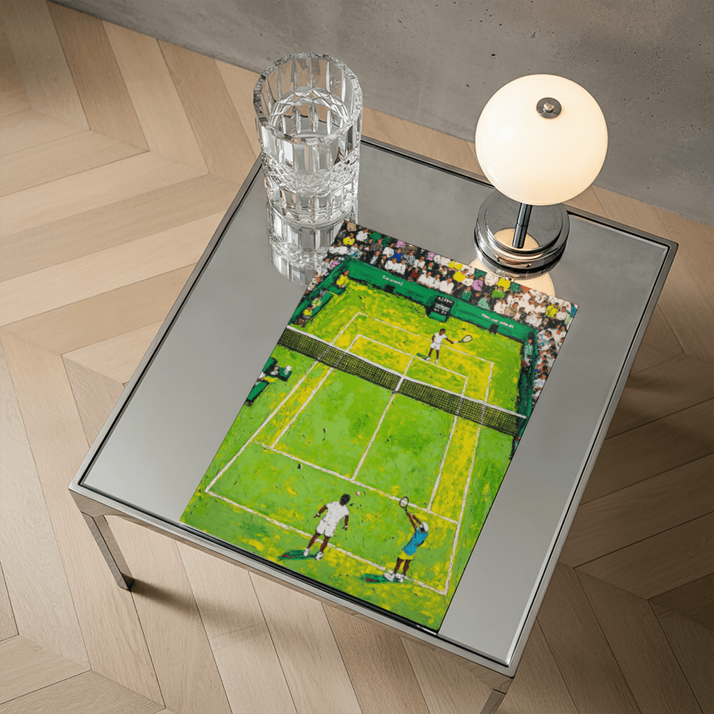 Tennis Poster Kunst mit lebendigen Farben, das ein spannendes Match auf dem Tennisplatz darstellt