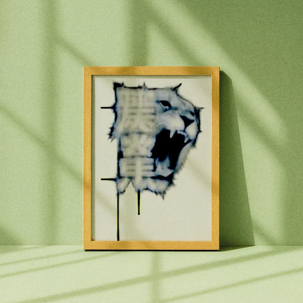 Weißer Tiger Poster mit beeindruckendem Löwenkopf-Design in einem modernen Holzrahmen